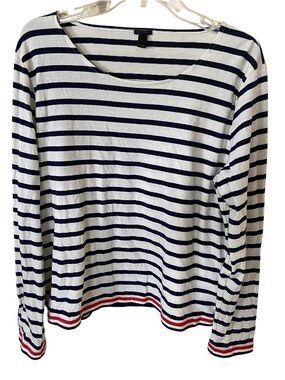 J Crew Striped Long Sleeve Boatneck ,Navy, White & Red Trim size L 100% cotton